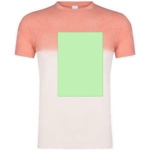 A T-shirt featuring a gradient design, transitioning from coral at the top to white at the bottom, with a green placeholder.