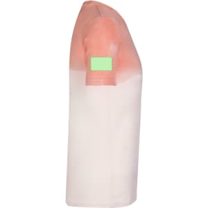 A side view of a Nimo adult T-shirt featuring a gradient design in peach and cream colours, with a logo on the sleeve.