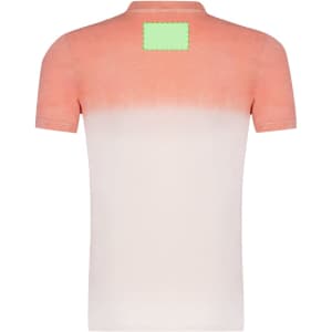 A T-shirt featuring a gradient colour design from coral to white, with a logo on the back.