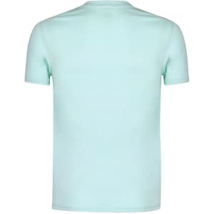 A mint green adult T-shirt with a simple design and a logo on the back. Short sleeves and a round neckline.