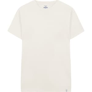 A plain cream adult T-shirt with a crew neck and short sleeves, featuring a small logo at the hem.