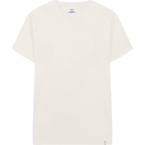 A plain off-white adult t-shirt featuring a round neck and short sleeves with a subtle brand logo.