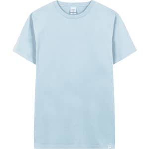A light blue adult T-shirt with a round neckline and short sleeves, featuring a logo on the hem.
