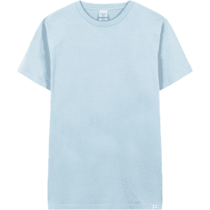A light blue adult T-shirt with short sleeves and a simple design. Features a small logo on the label.