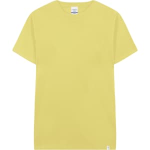 A yellow adult T-shirt featuring a logo at the hem, displayed against a plain background.