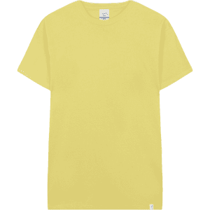 A plain yellow adult T-shirt featuring a tag at the neckline and a small logo at the hem.