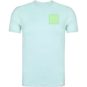 A light blue adult T-shirt featuring a square design area on the front and a logo on the hem.