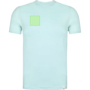 A light blue adult T-shirt featuring a placeholder for a logo or branding on the front.
