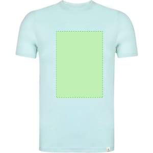 A light blue adult t-shirt featuring a blank green rectangular area at the centre and a small logo on the hem.