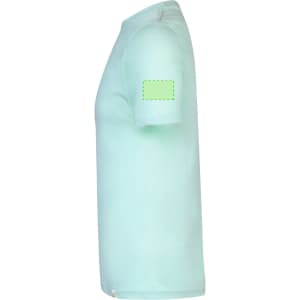 A mint green adult t-shirt with a logo on the sleeve, displayed from the side view.