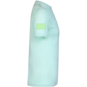A mint green adult t-shirt with a plain design and a logo on the sleeve.