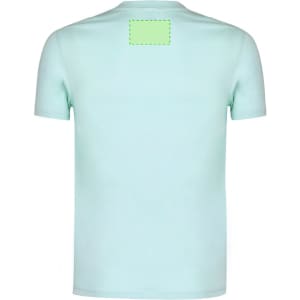 A light blue adult T-shirt with a blank patch on the back and a logo on the front.