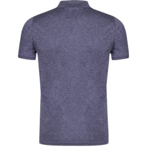 A plain navy polo shirt with a collar and short sleeves, featuring a logo on the back.