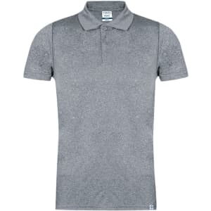 A grey polo shirt with a collar and short sleeves, featuring a logo on the chest.