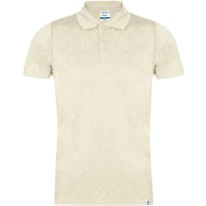 A plain cream polo shirt featuring a collar and short sleeves, with branding on the inside tag.