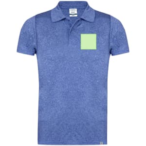 A blue polo shirt featuring a green square patch and a logo on the collar.