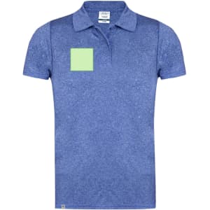A blue polo shirt with a textured finish and a green patch. It features a collar and short sleeves.