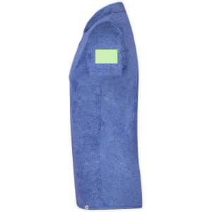 A blue polo shirt featuring a short sleeve and a plain patch on the arm.