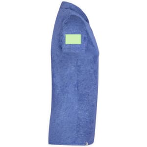 A blue Troky adult polo shirt with a solid colour patch on the sleeve and a logo on the front.