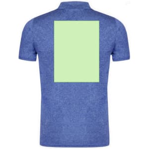 A blue adult polo shirt featuring a blank green rectangle on the back. It also has a logo on the front.
