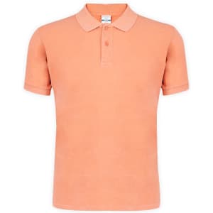 A short-sleeve polo shirt in a soft peach colour, featuring a classic collar and three-button placket.