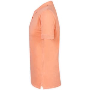 An orange polo shirt featuring a collar and short sleeves, displayed from the side. It has a logo on it.
