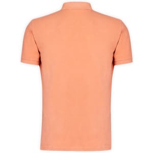 A back view of a peach-coloured polo shirt featuring a collar and short sleeves. It includes a branding logo.