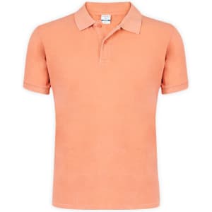 An orange polo shirt with a collar and short sleeves, featuring a logo on the chest.