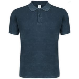 A navy blue adult polo shirt with a classic collar and a logo on the chest. Short sleeves and a button placket are featured.