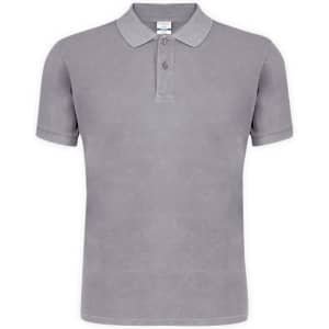 A grey adult polo shirt with a collar and three buttons, featuring a logo on the label.