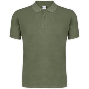 A green polo shirt featuring a classic collar and short sleeves, with a logo on the chest.