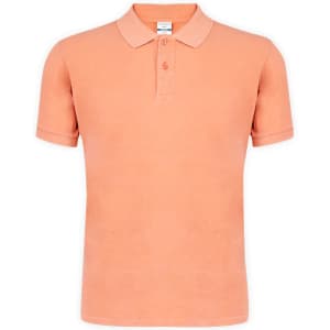 An orange adult polo shirt with a collar and three-button placket, featuring a logo.