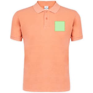 A coral polo shirt featuring a collar and short sleeves, with a square area for customization and a logo.