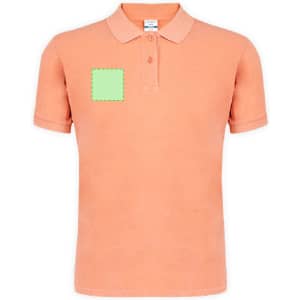 An orange polo shirt with a collar and a logo on the chest area. The shirt features short sleeves.