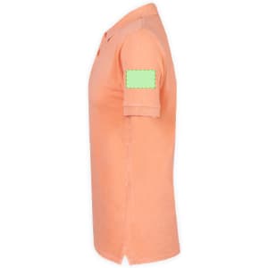 An orange polo shirt with a short sleeve and a logo on the arm.