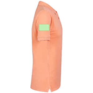 An orange polo shirt displayed from the side, featuring a logo on the sleeve.