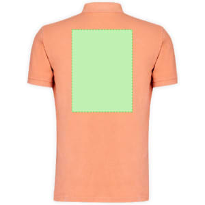 A peach-coloured adult polo shirt with a blank green patch on the back and a collar. Features a logo on the front.