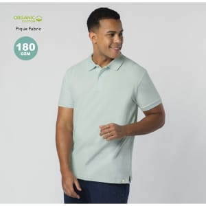 A light green polo shirt made from organic cotton, featuring a logo and short sleeves.