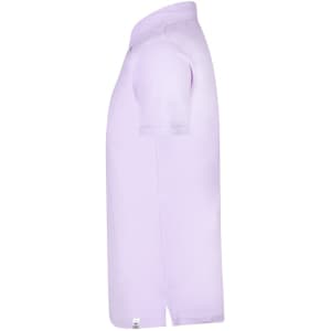 A lilac polo shirt with short sleeves, featuring a subtle branding logo. Side view reveals its relaxed fit.