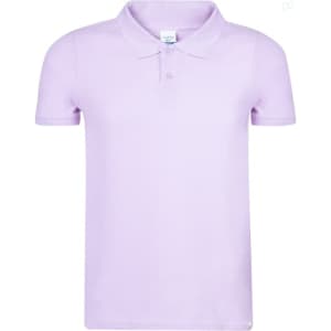 A lilac polo shirt featuring a collar and three buttons. The shirt includes a logo on the side.
