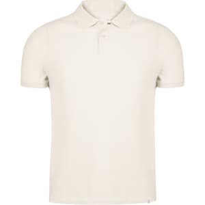 A plain cream polo shirt with a collar and short sleeves, featuring a logo on the front.