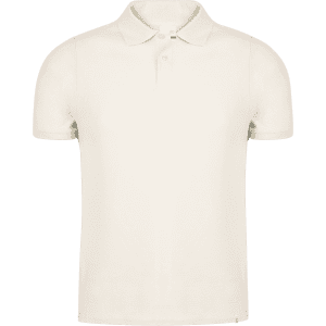 A plain cream-coloured polo shirt with a collar and short sleeves. It features a logo on the chest.