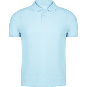 A light blue polo shirt with a collar, featuring a logo on the chest. Short sleeves and a classic fit.