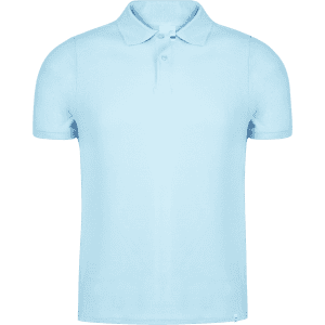 A light blue polo shirt with a collar, featuring a three-button placket and a small logo.