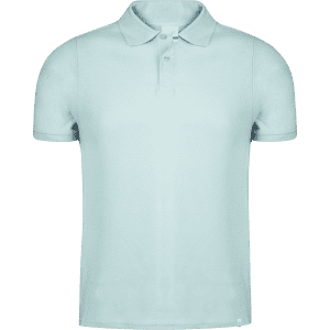 A light blue polo shirt with a collar and button placket, featuring a logo on the side.