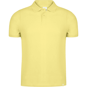 A yellow adult polo shirt with a collar and three buttons, featuring a branding logo.
