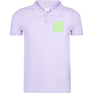 A lilac polo shirt featuring a square area for branding. It has a classic collar and a simple design.