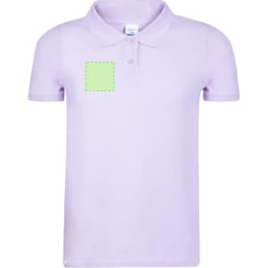 A light purple polo shirt featuring a blank square on the front. It includes a collar and buttons.