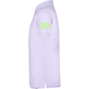 A lilac polo shirt with a green patch on the sleeve, featuring short sleeves and a collar.