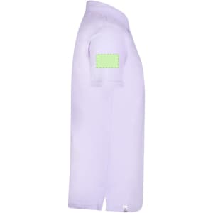 A lavender polo shirt featuring a green patch on the sleeve and a classic collar design.